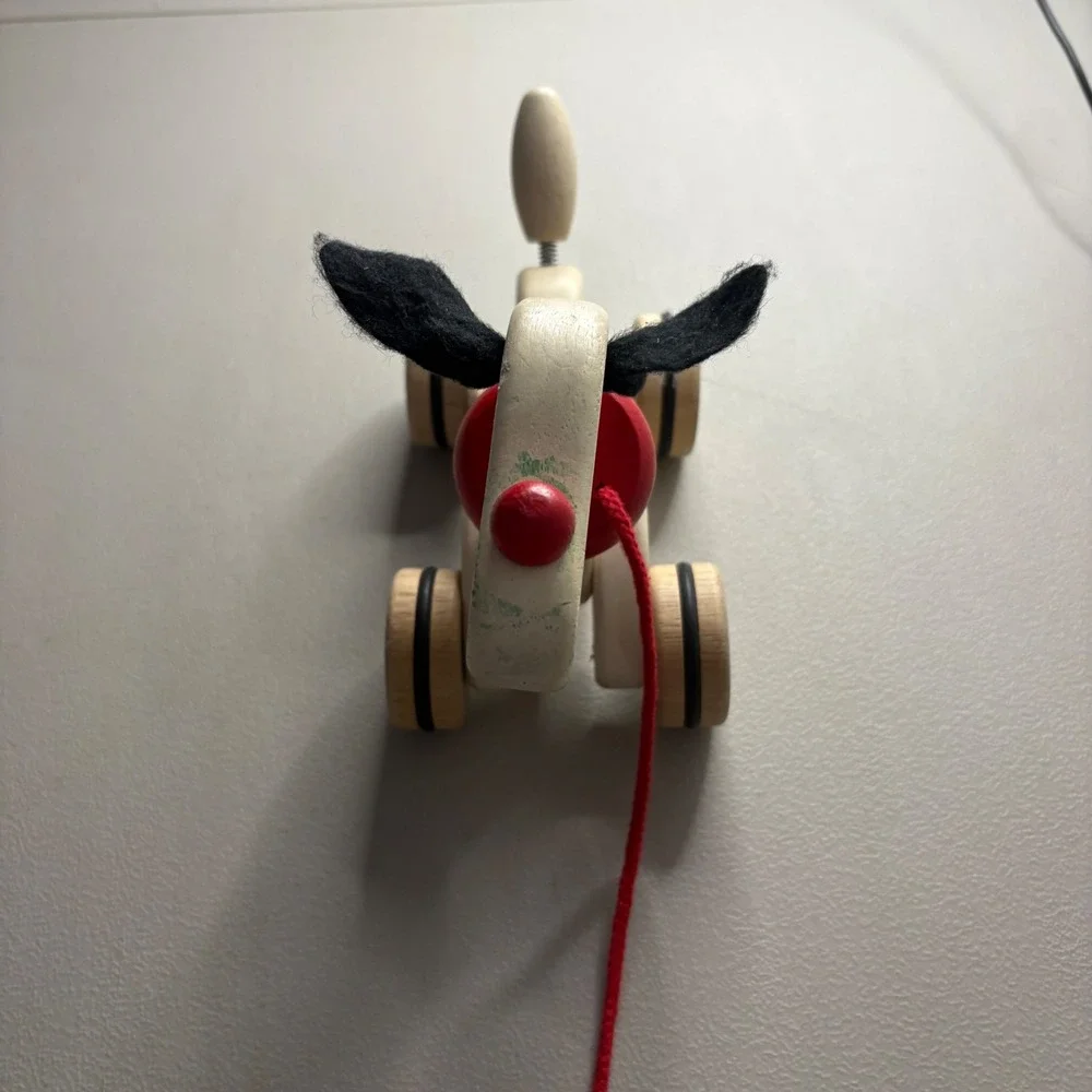 VTG Wooden Pull Toy Dog Spotted Puppy with Red Collar and Spring Tail 1727